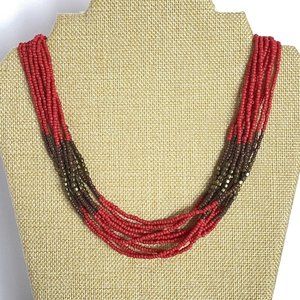 Multi-Strand Bohemian Beaded Red Brown Gold Tone Adjustable Length Necklace